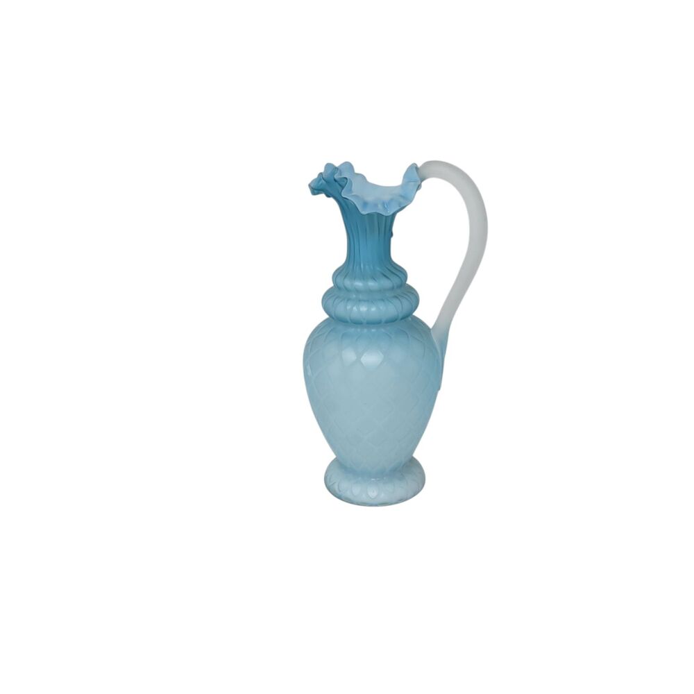 Vintage Diamond Quilted Satin Glass Pitcher Urn Mother of Pearl Blue *FLAW*